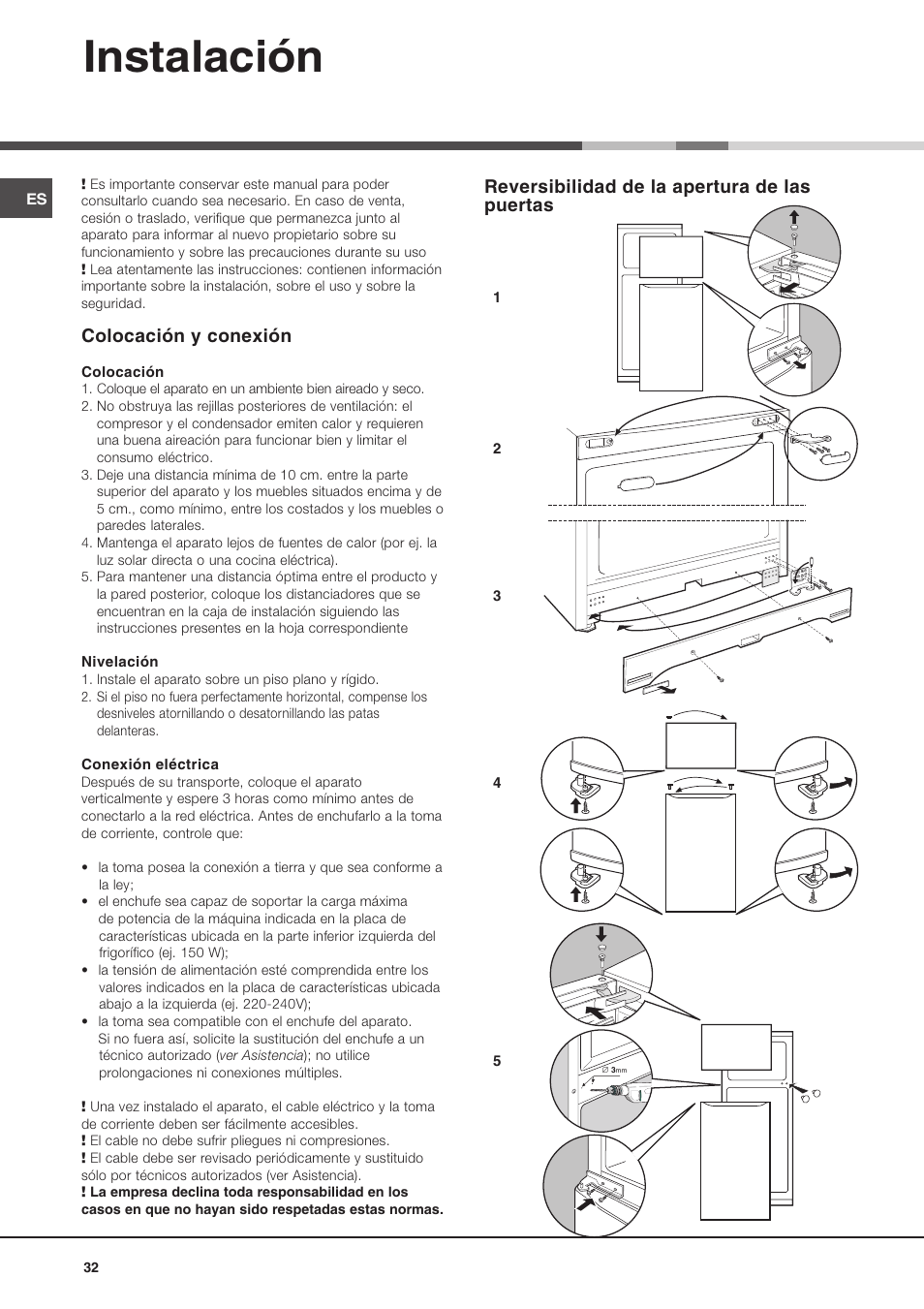 Instalación, Reversibilidad de la apertura de las puertas, Colocación y conexión | Ariston MTM 1712 FF/HA User Manual | Page 32 / 72