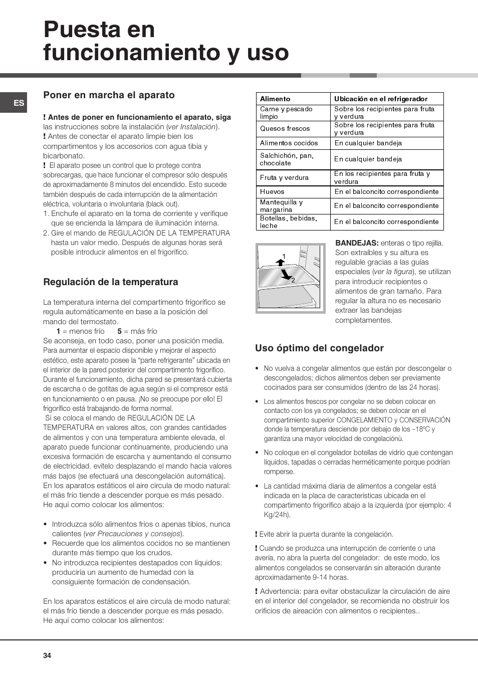 Puesta en funcionamiento y uso, Poner en marcha el aparato, Regulación de la temperatura | Uso óptimo del congelador | Ariston MTM 1712 FF/HA User Manual | Page 34 / 72