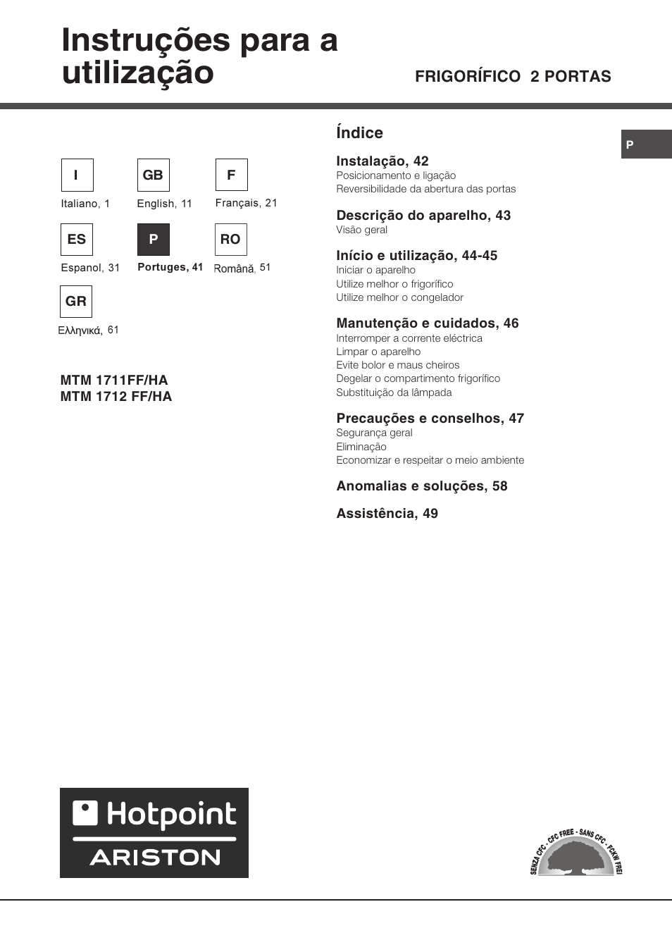 Instruções para a utilização, Frigorífico 2 portas índice | Ariston MTM 1712 FF/HA User Manual | Page 41 / 72