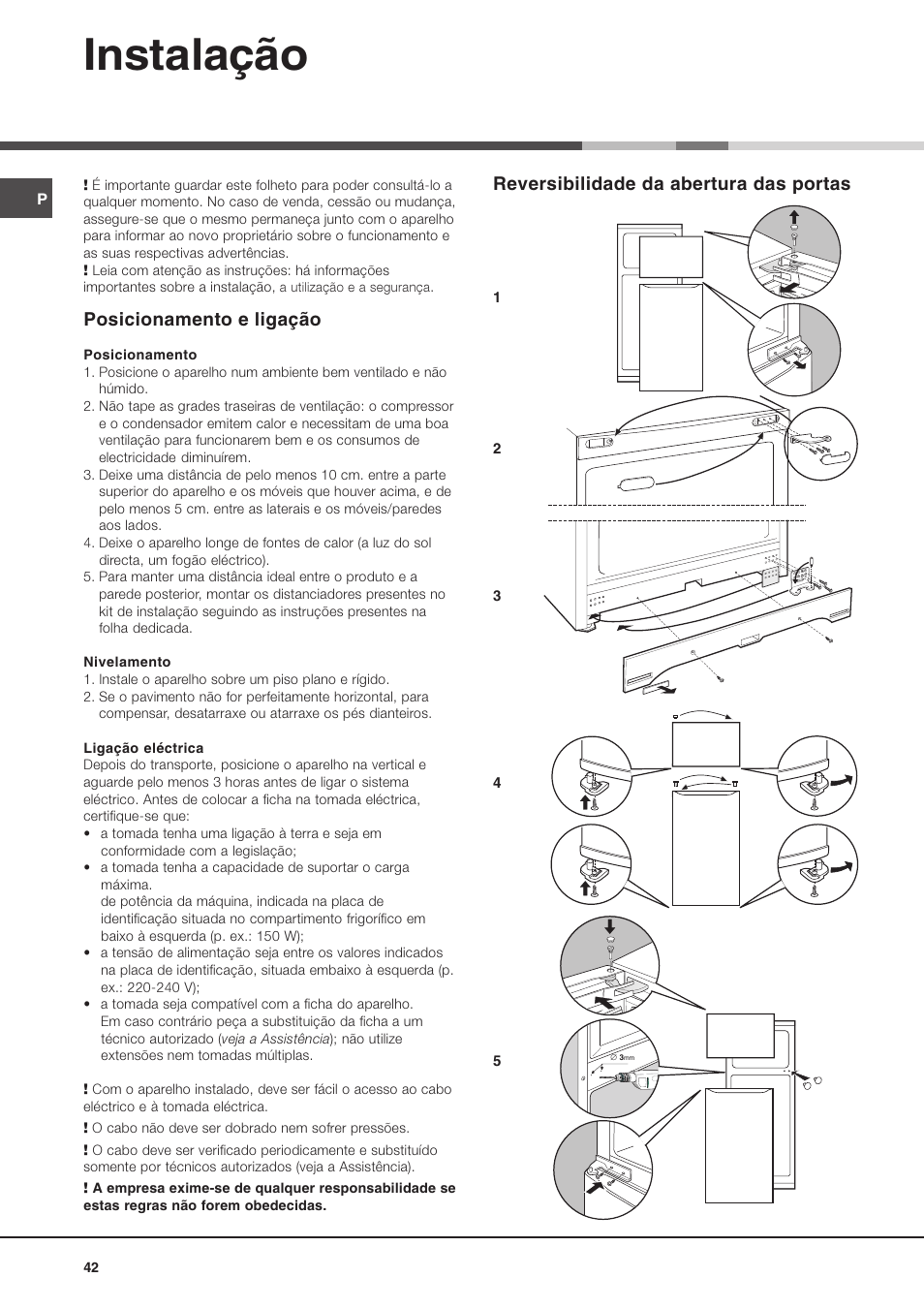 Instalação, Reversibilidade da abertura das portas, Posicionamento e ligação | Ariston MTM 1712 FF/HA User Manual | Page 42 / 72