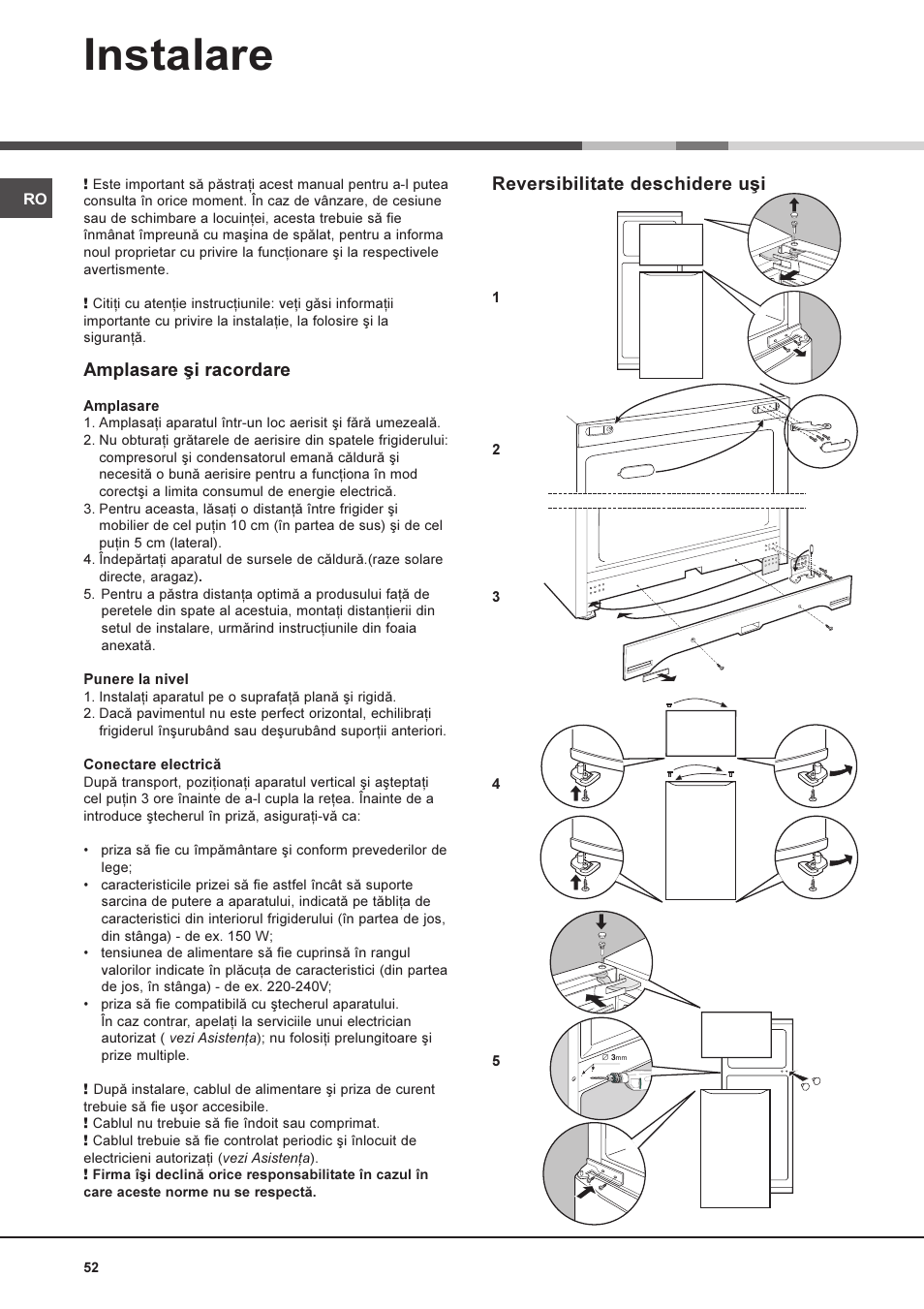 Instalare, Amplasare ºi racordare, Reversibilitate deschidere uºi | Ariston MTM 1712 FF/HA User Manual | Page 52 / 72