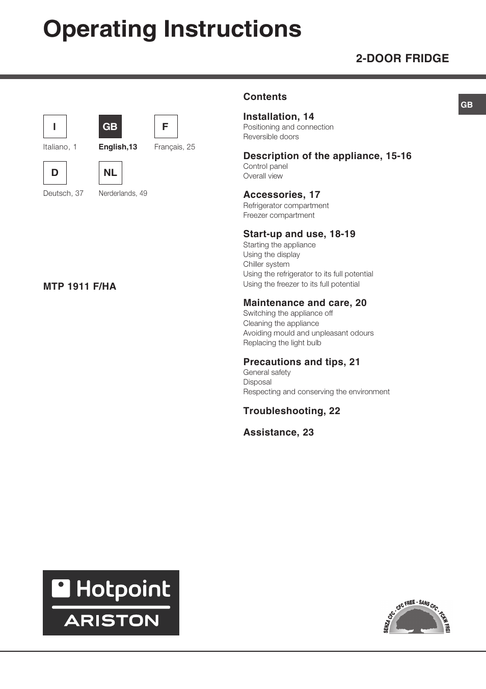 Operating instructions, Door fridge | Ariston MTP 1911 F/HA User Manual | Page 13 / 60