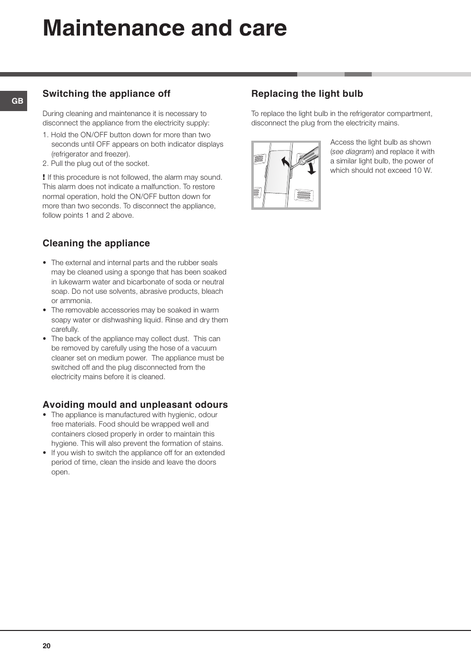 Maintenance and care | Ariston MTP 1911 F/HA User Manual | Page 20 / 60