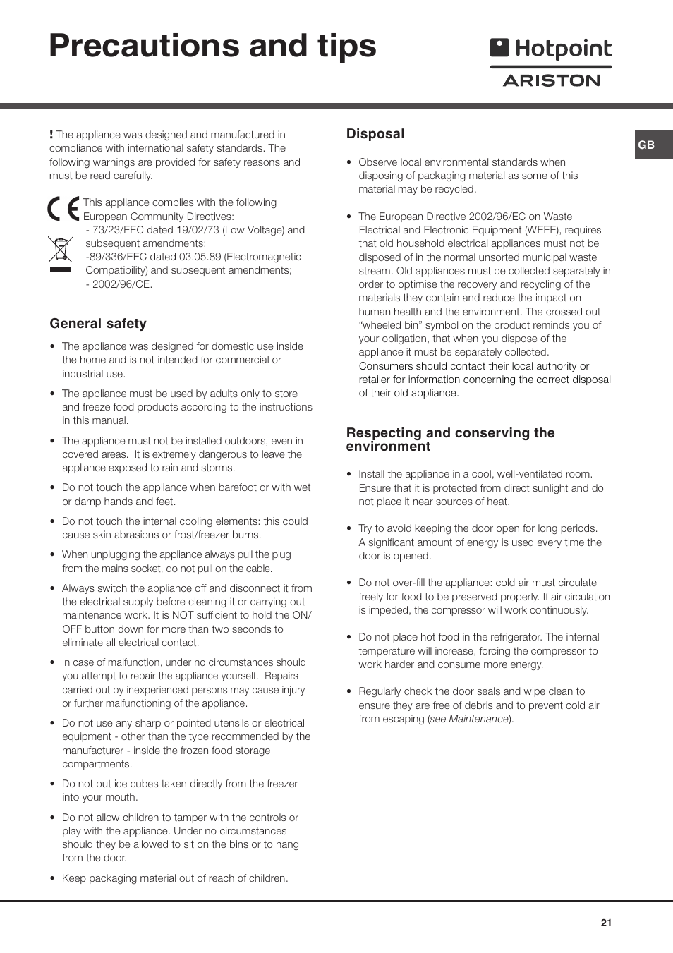 Precautions and tips, General safety, Disposal | Respecting and conserving the environment | Ariston MTP 1911 F/HA User Manual | Page 21 / 60
