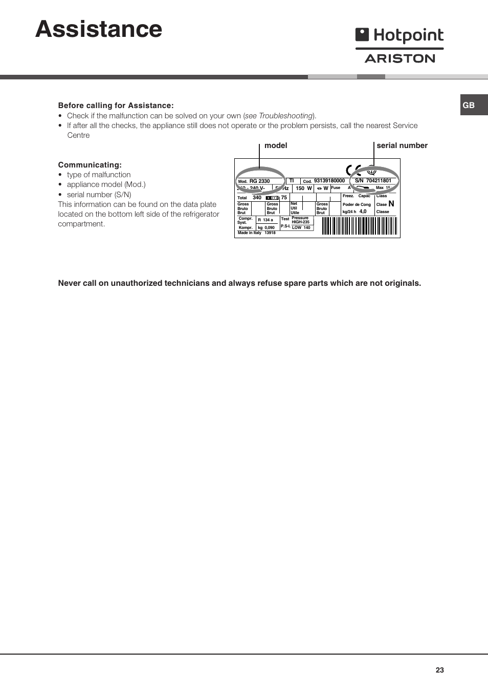 Assistance, Model serial number | Ariston MTP 1911 F/HA User Manual | Page 23 / 60