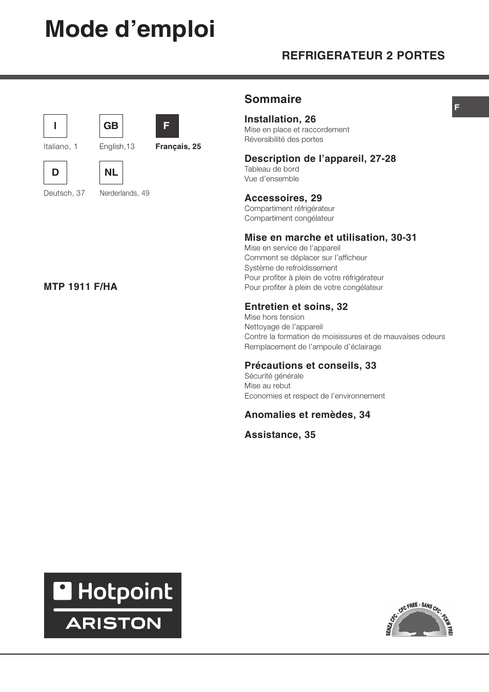 Mode demploi, Sommaire, Refrigerateur 2 portes | Ariston MTP 1911 F/HA User Manual | Page 25 / 60