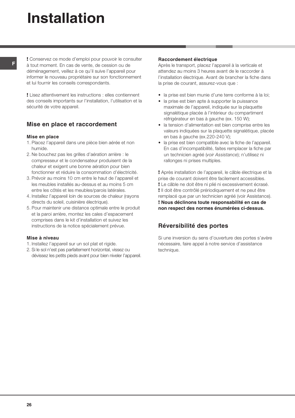 Installation | Ariston MTP 1911 F/HA User Manual | Page 26 / 60