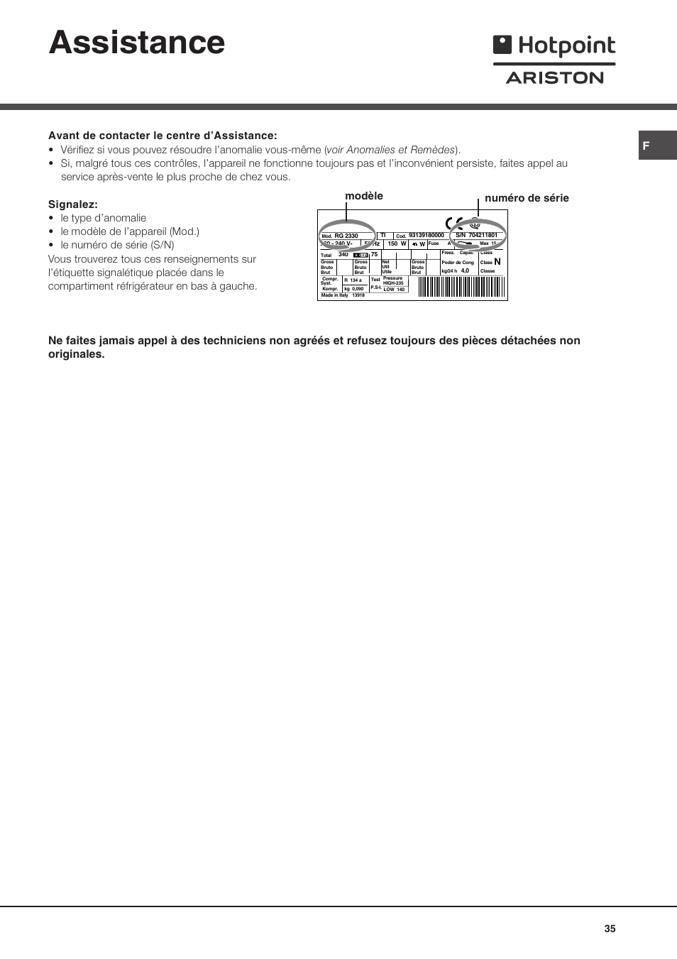 Assistance, Modèle numéro de série | Ariston MTP 1911 F/HA User Manual | Page 35 / 60