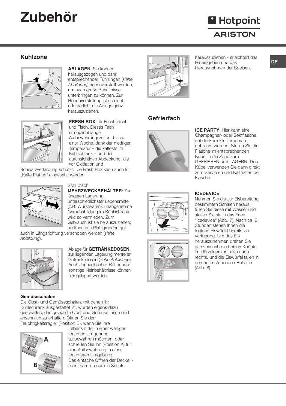 Zubehör, Kühlzone, Gefrierfach | Ariston MTP 1911 F/HA User Manual | Page 41 / 60