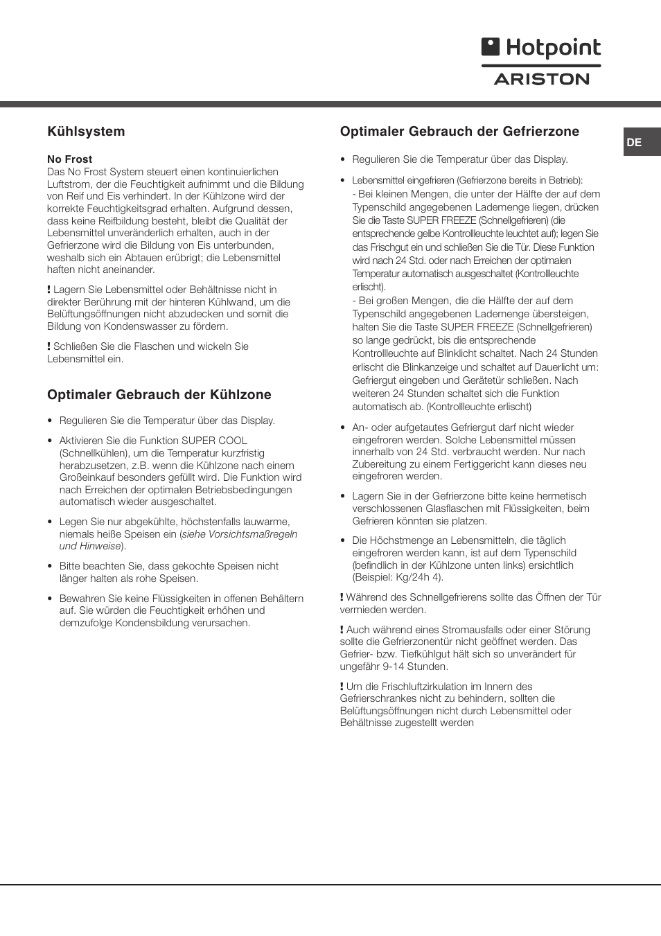 Kühlsystem, Optimaler gebrauch der kühlzone, Optimaler gebrauch der gefrierzone | Ariston MTP 1911 F/HA User Manual | Page 43 / 60