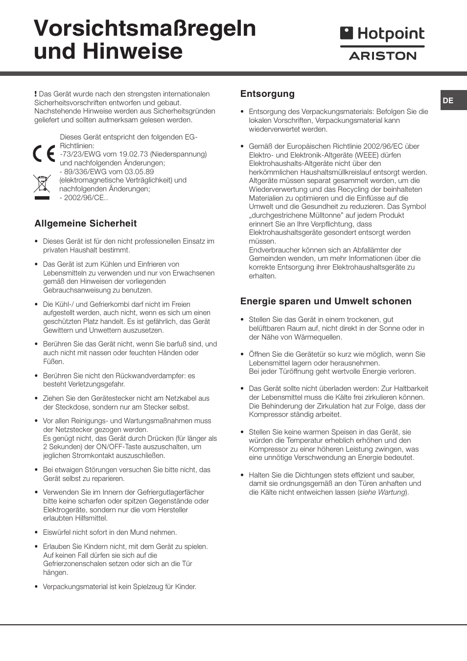Vorsichtsmaßregeln und hinweise | Ariston MTP 1911 F/HA User Manual | Page 45 / 60