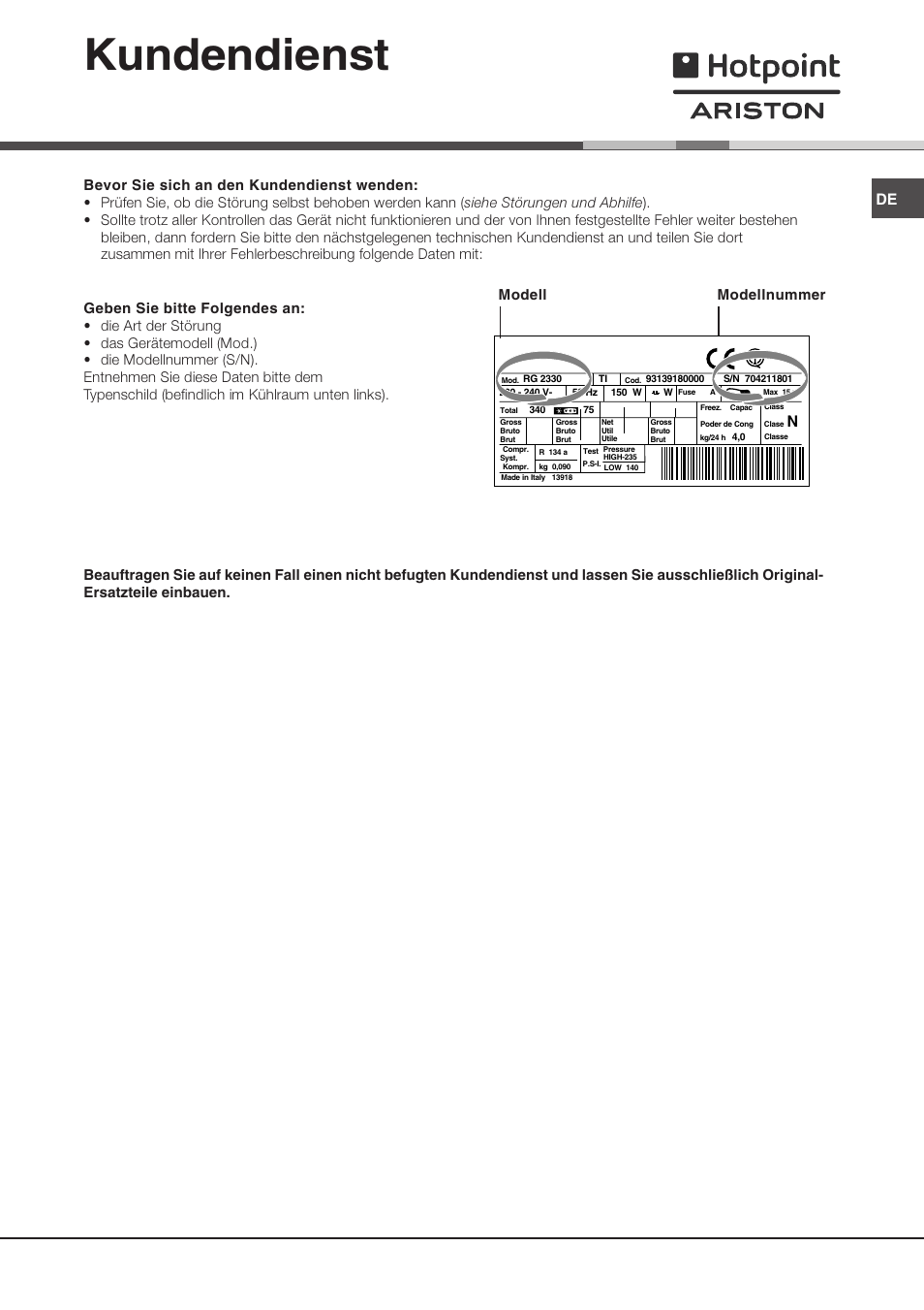 Kundendienst, Modell modellnummer | Ariston MTP 1911 F/HA User Manual | Page 47 / 60