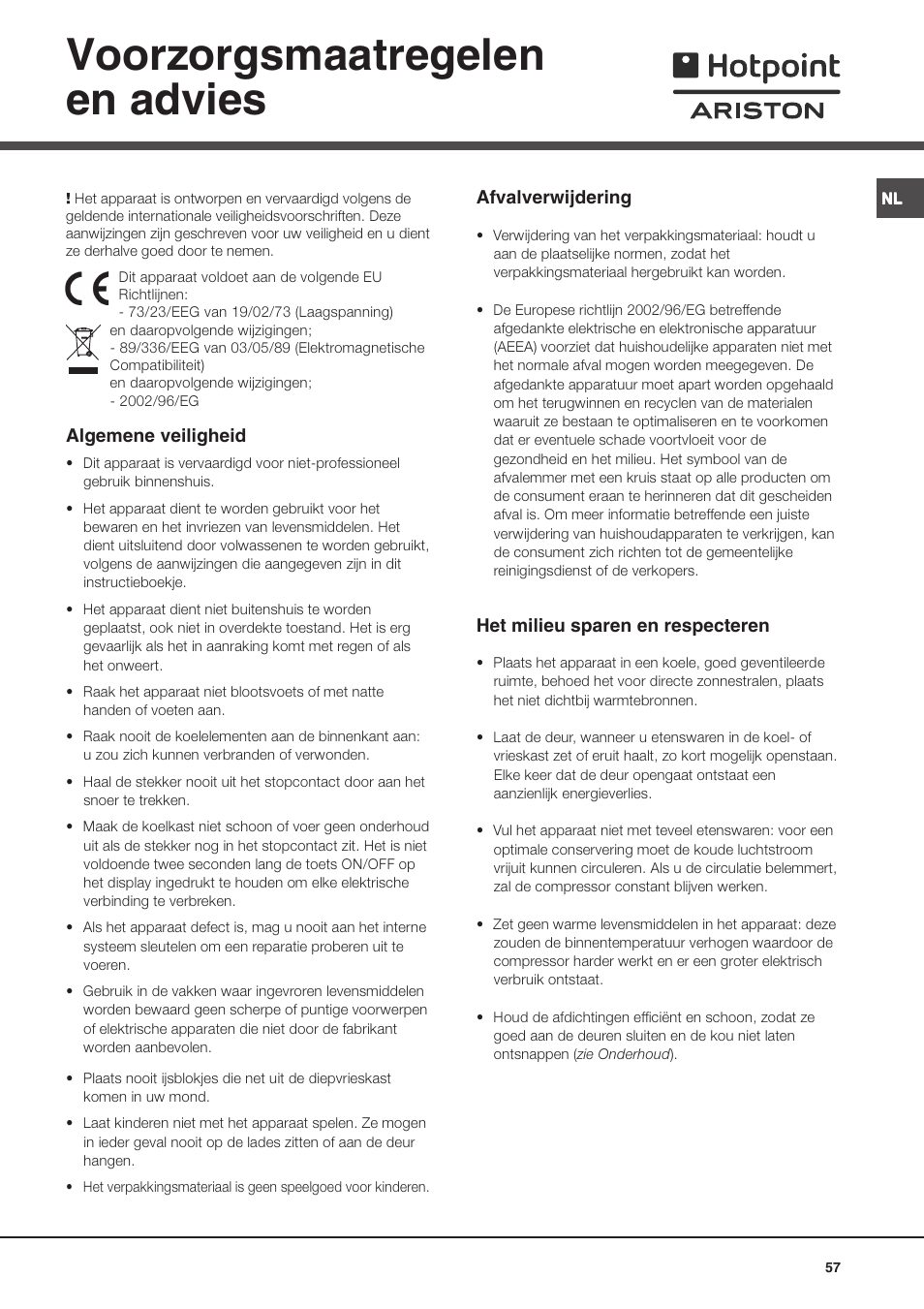 Voorzorgsmaatregelen en advies | Ariston MTP 1911 F/HA User Manual | Page 57 / 60