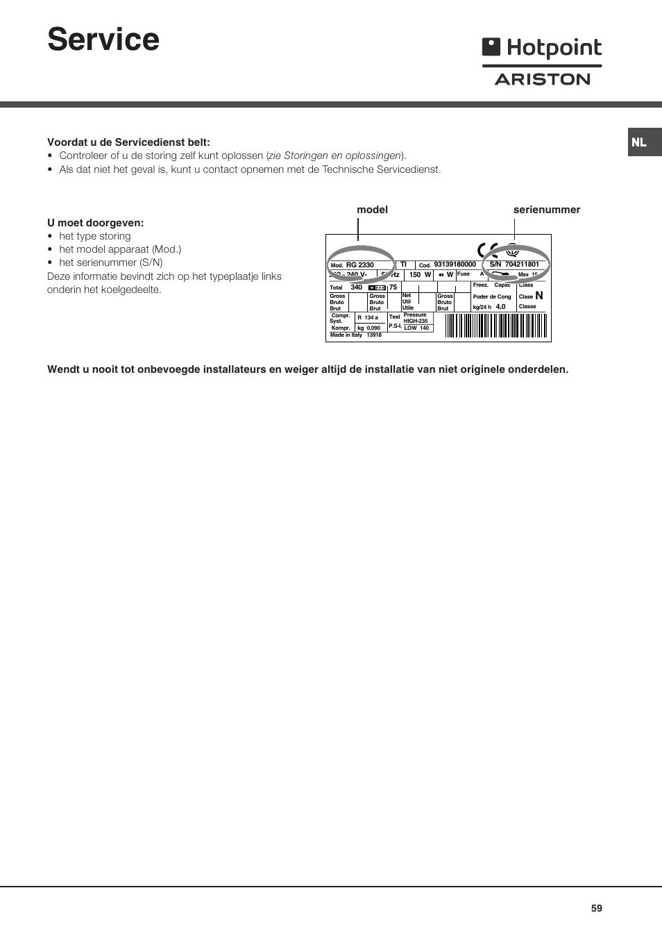 Service, Model serienummer | Ariston MTP 1911 F/HA User Manual | Page 59 / 60