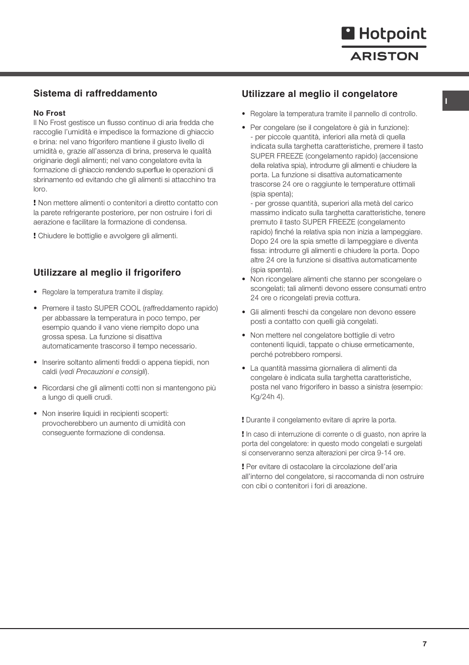 Sistema di raffreddamento, Utilizzare al meglio il frigorifero, Utilizzare al meglio il congelatore | Ariston MTP 1911 F/HA User Manual | Page 7 / 60