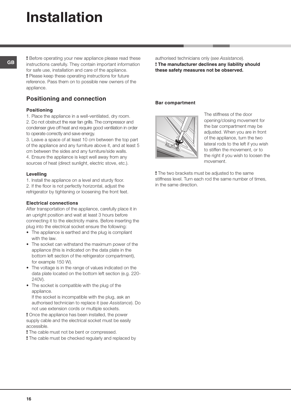 Installation, Positioning and connection | Ariston MBZE 45 NF User Manual | Page 16 / 72