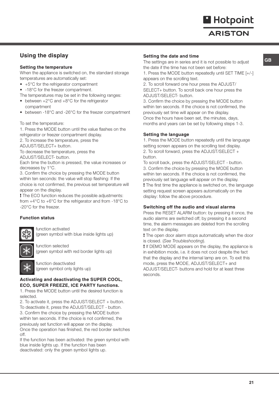 Using the display | Ariston MBZE 45 NF User Manual | Page 21 / 72