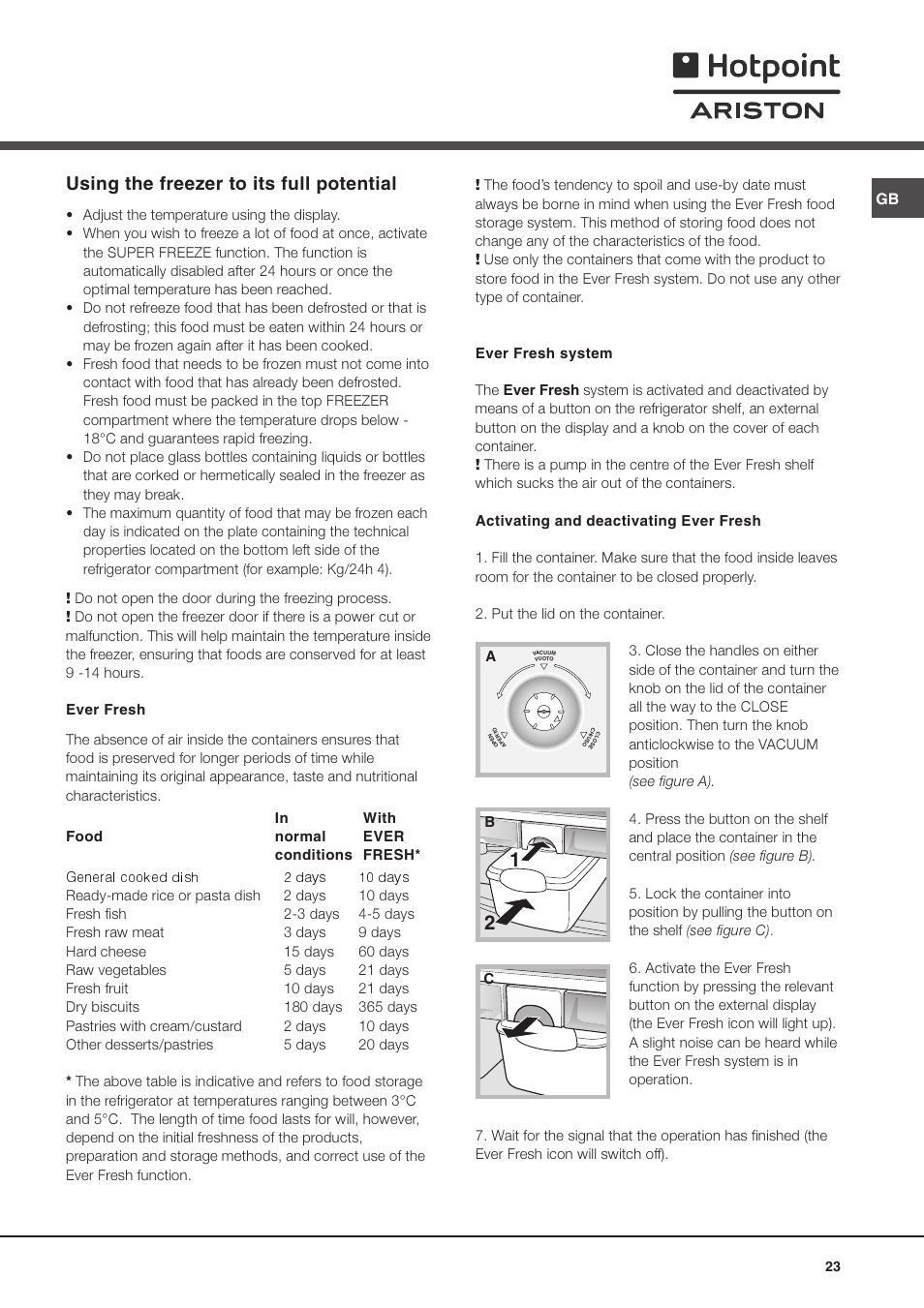 Using the freezer to its full potential | Ariston MBZE 45 NF User Manual | Page 23 / 72