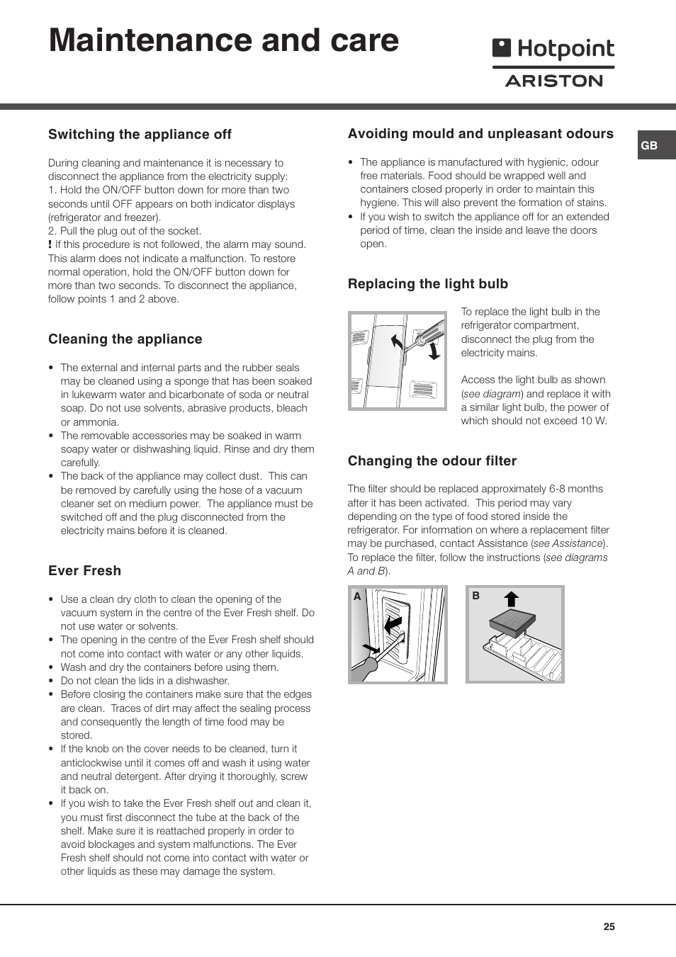 Maintenance and care | Ariston MBZE 45 NF User Manual | Page 25 / 72
