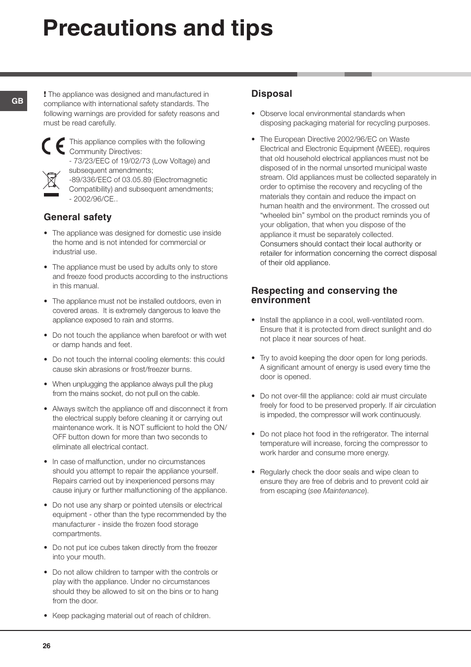 Precautions and tips, General safety, Disposal | Respecting and conserving the environment | Ariston MBZE 45 NF User Manual | Page 26 / 72