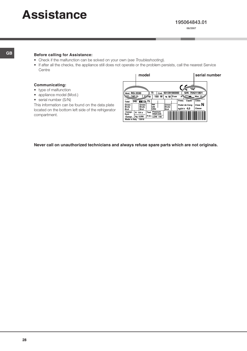 Assistance, Model serial number | Ariston MBZE 45 NF User Manual | Page 28 / 72