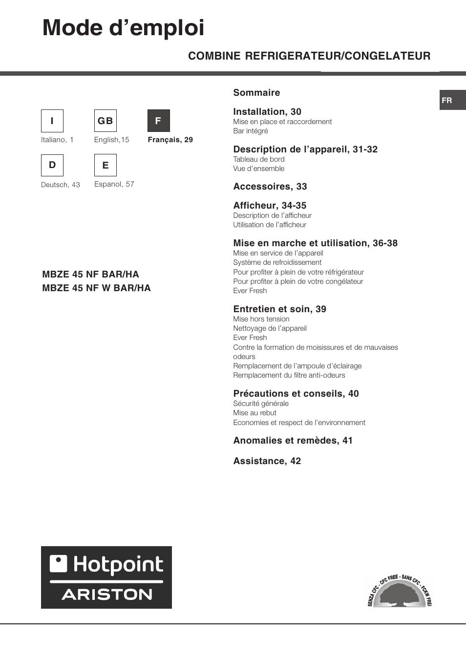 Mode demploi, Combine refrigerateur/congelateur | Ariston MBZE 45 NF User Manual | Page 29 / 72
