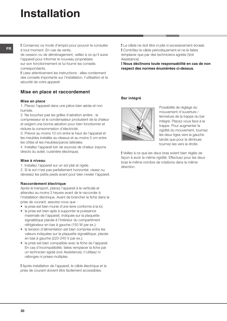 Installation, Mise en place et raccordement | Ariston MBZE 45 NF User Manual | Page 30 / 72