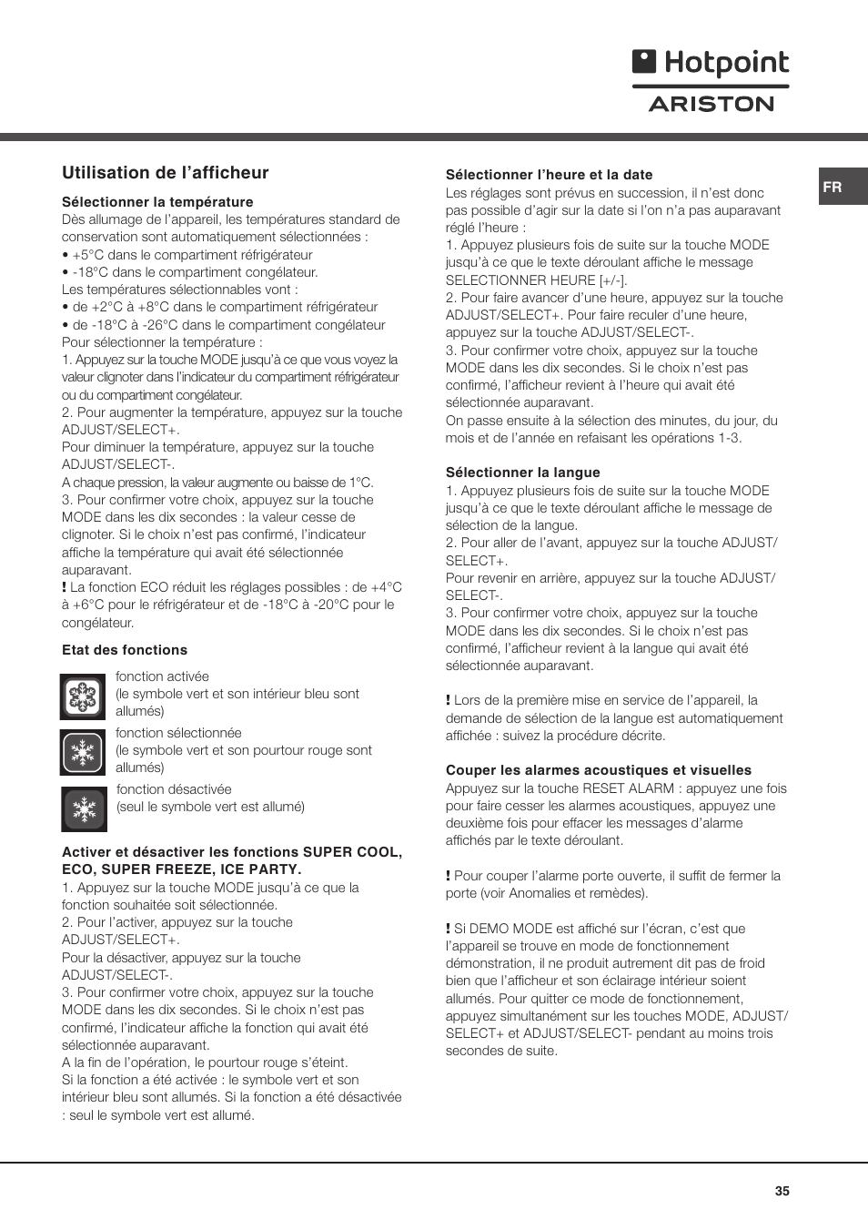 Utilisation de lafficheur | Ariston MBZE 45 NF User Manual | Page 35 / 72