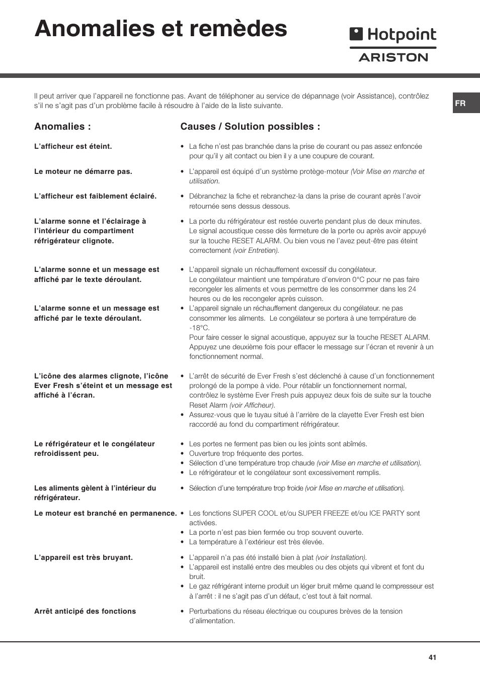 Anomalies et remèdes, Causes / solution possibles, Anomalies | Ariston MBZE 45 NF User Manual | Page 41 / 72