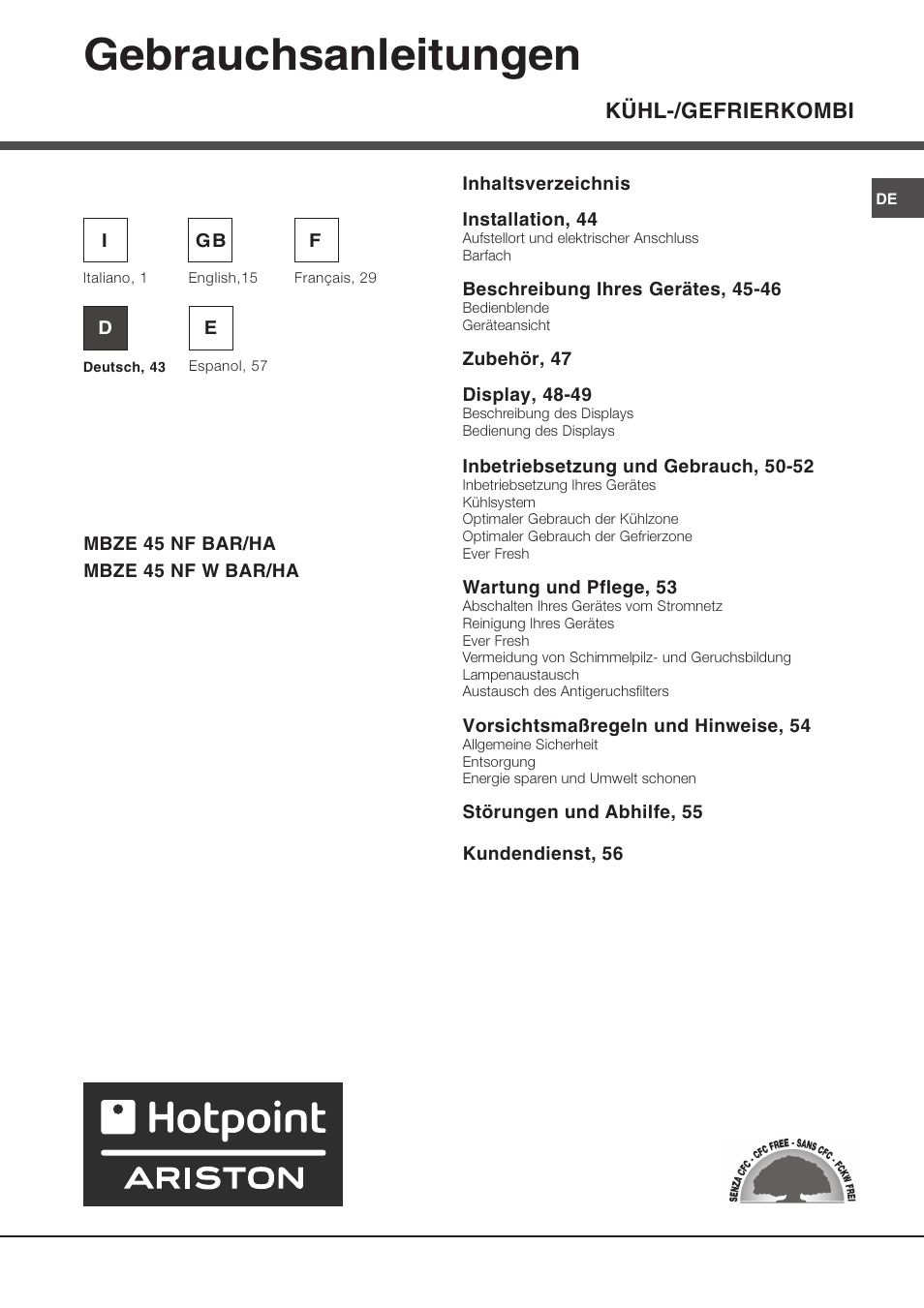 Gebrauchsanleitungen, Kühl-/gefrierkombi | Ariston MBZE 45 NF User Manual | Page 43 / 72