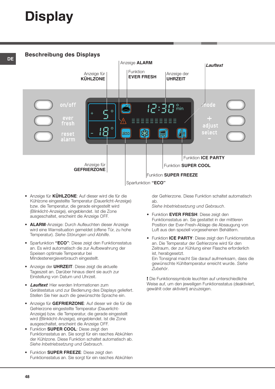 Display, Beschreibung des displays | Ariston MBZE 45 NF User Manual | Page 48 / 72