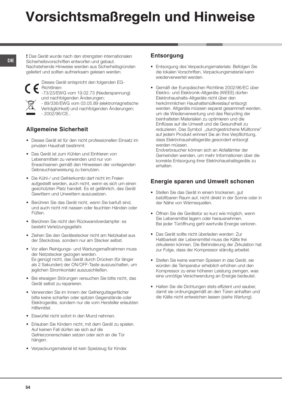 Vorsichtsmaßregeln und hinweise, Allgemeine sicherheit, Entsorgung | Energie sparen und umwelt schonen | Ariston MBZE 45 NF User Manual | Page 54 / 72