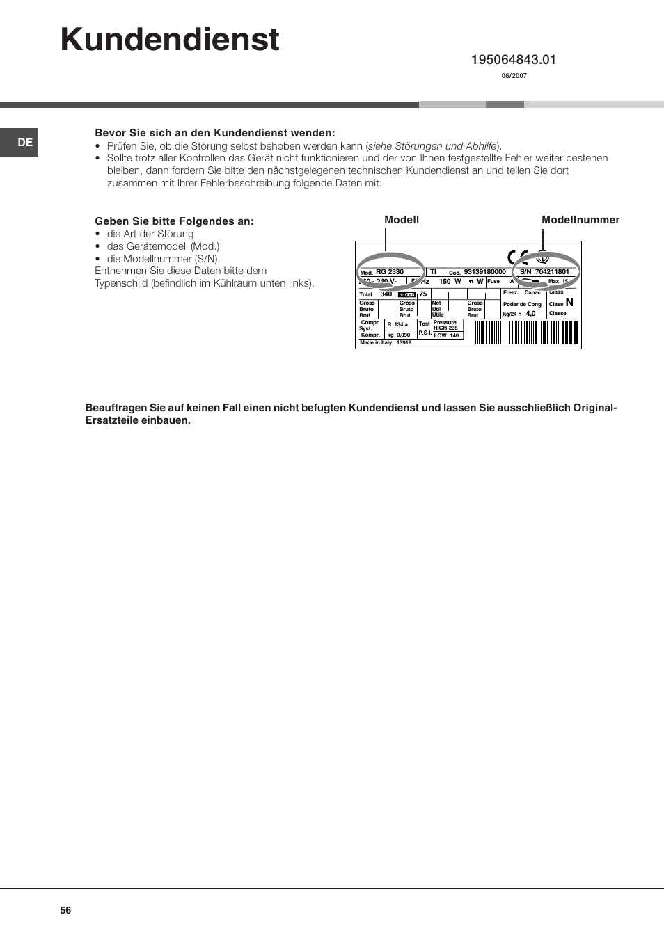 Kundendienst | Ariston MBZE 45 NF User Manual | Page 56 / 72