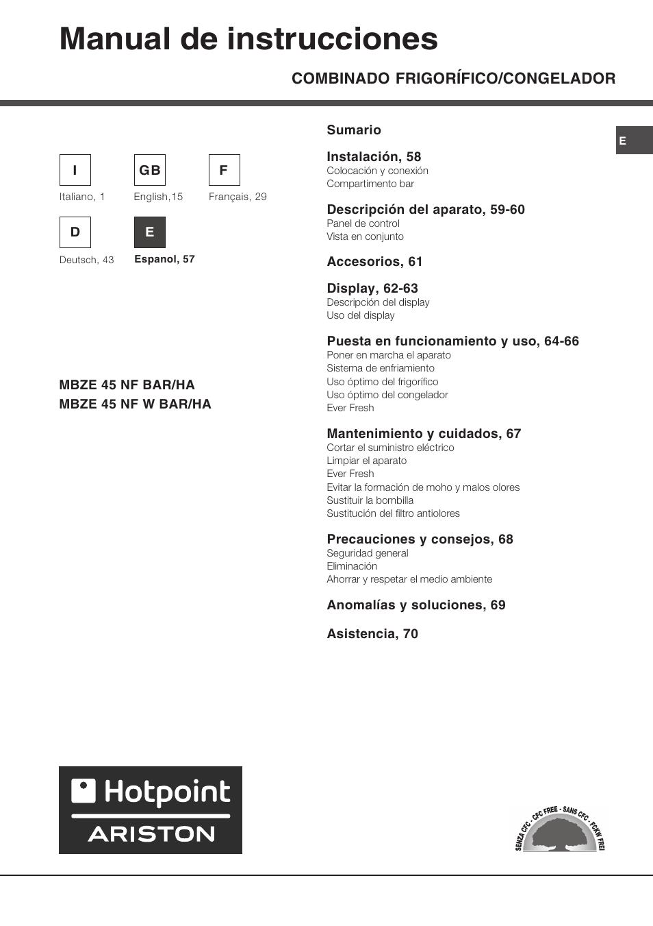 Manual de instrucciones, Combinado frigorífico/congelador | Ariston MBZE 45 NF User Manual | Page 57 / 72