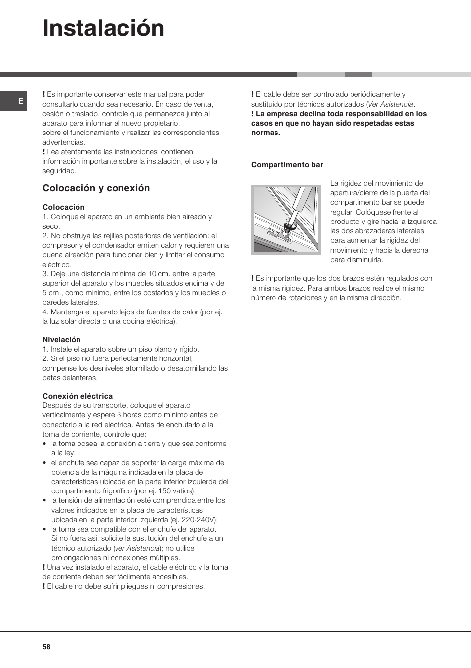 Instalación, Colocación y conexión | Ariston MBZE 45 NF User Manual | Page 58 / 72