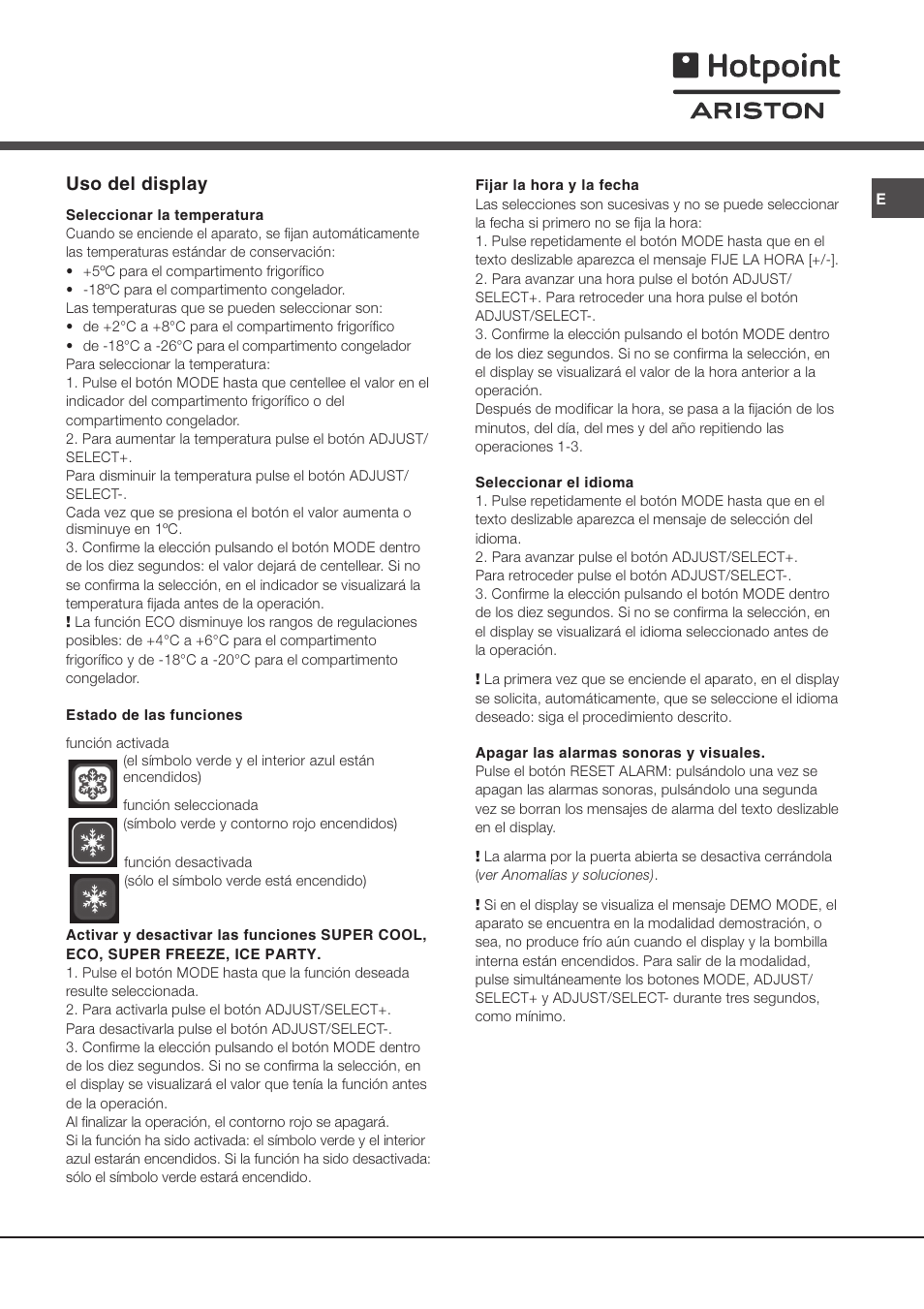 Uso del display | Ariston MBZE 45 NF User Manual | Page 63 / 72