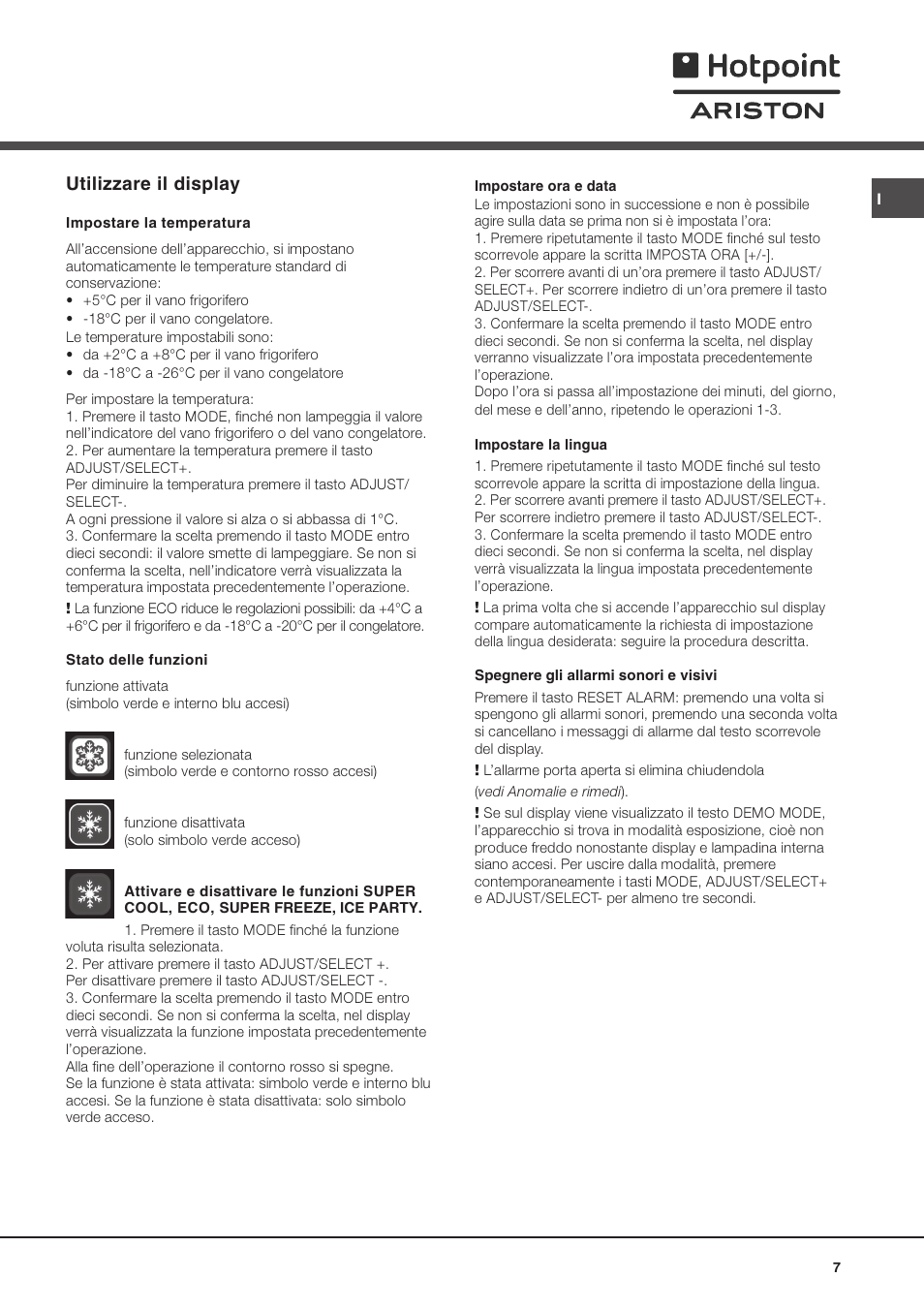 Utilizzare il display | Ariston MBZE 45 NF User Manual | Page 7 / 72