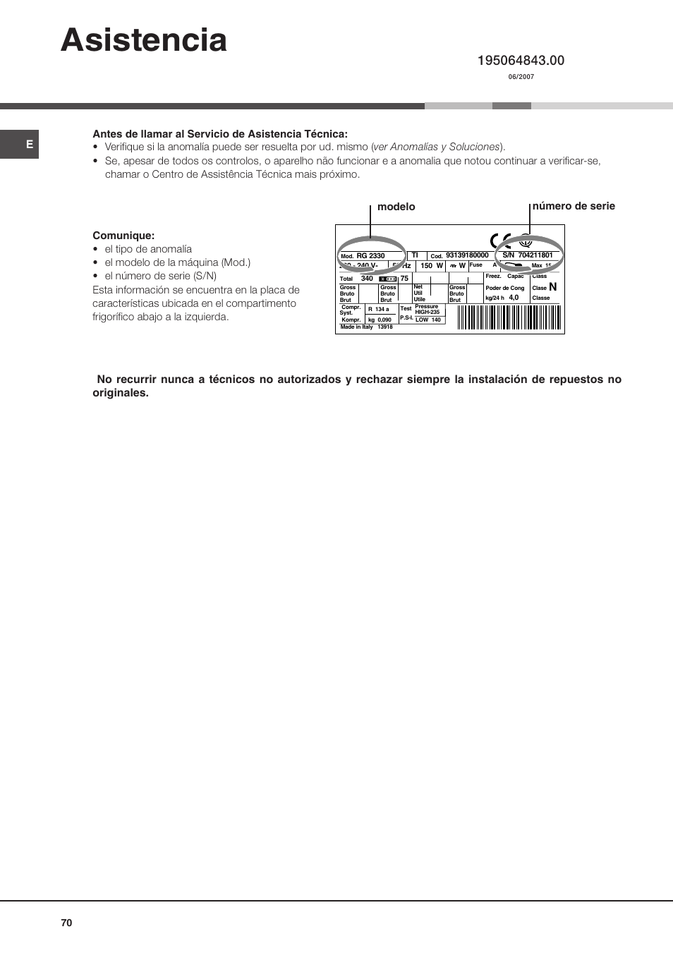 Asistencia, Modelo número de serie | Ariston MBZE 45 NF User Manual | Page 70 / 72