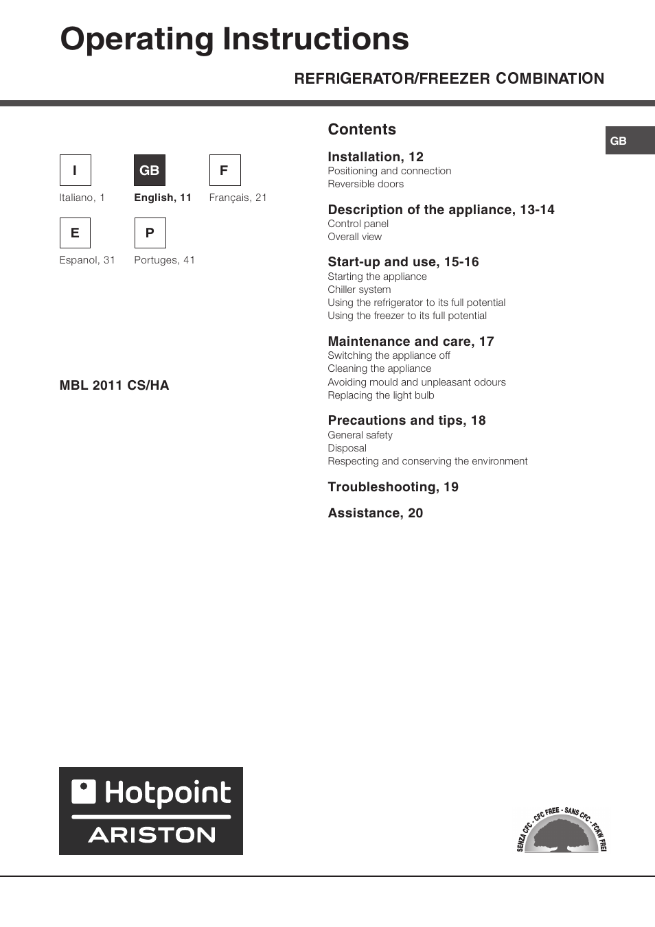 Operating instructions, Refrigerator/freezer combination contents | Ariston MBL 2011 User Manual | Page 11 / 52