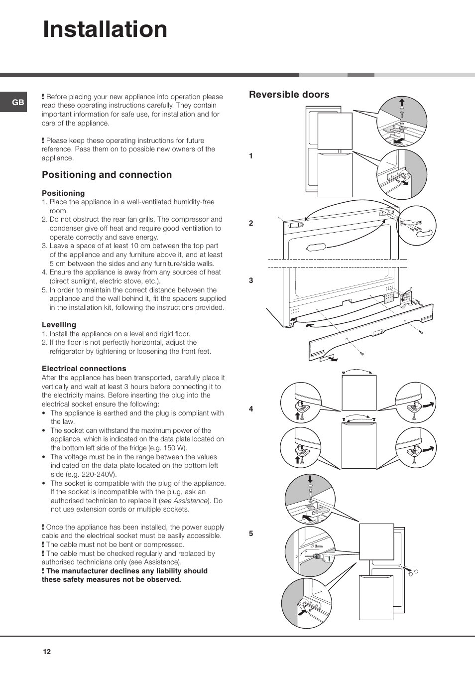 Installation, Reversible doors, Positioning and connection | Ariston MBL 2011 User Manual | Page 12 / 52
