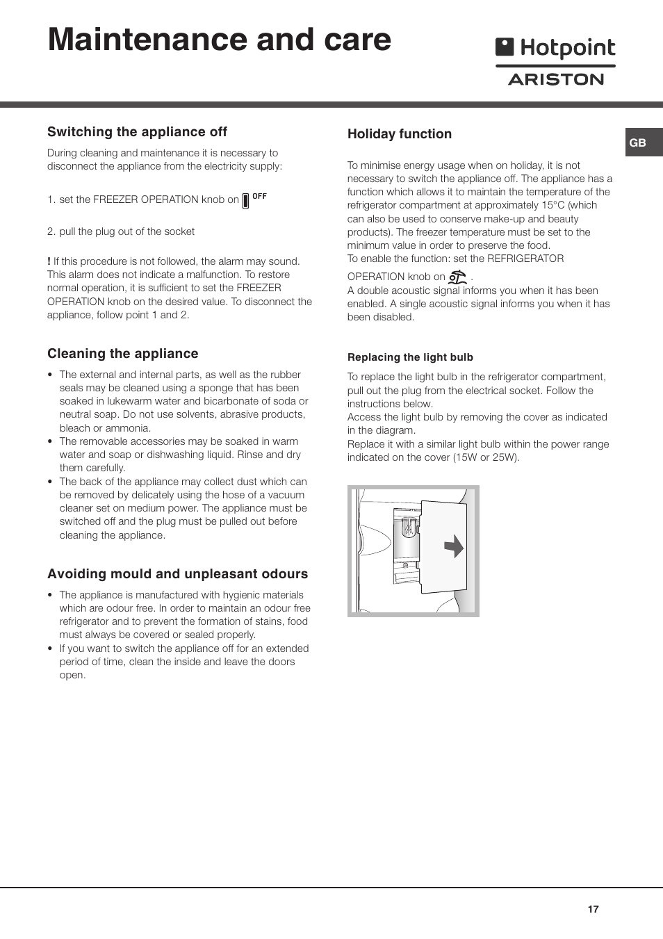 Maintenance and care | Ariston MBL 2011 User Manual | Page 17 / 52