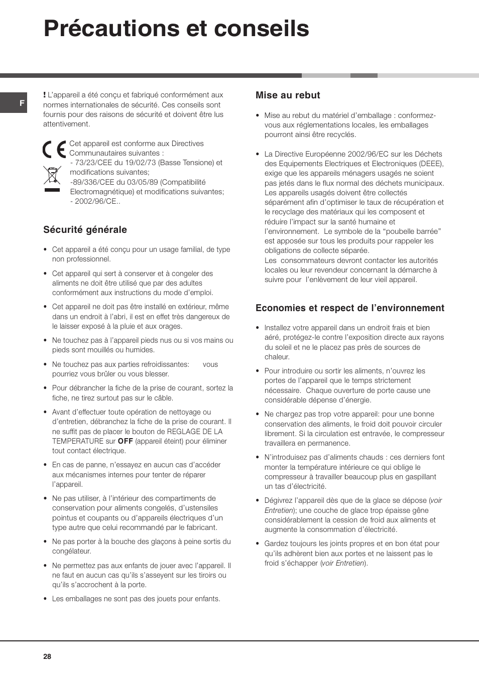 Précautions et conseils, Sécurité générale, Mise au rebut | Economies et respect de lenvironnement | Ariston MBL 2011 User Manual | Page 28 / 52