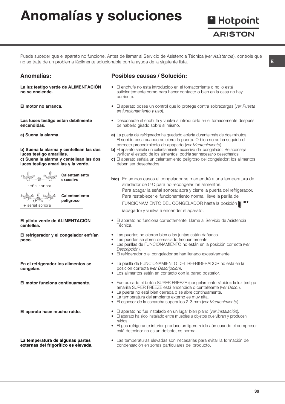 Anomalías y soluciones, Anomalías, Posibles causas / solución | Ariston MBL 2011 User Manual | Page 39 / 52