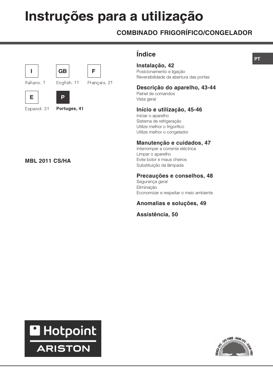 Instruções para a utilização, Combinado frigorífico/congelador, Índice | Ariston MBL 2011 User Manual | Page 41 / 52