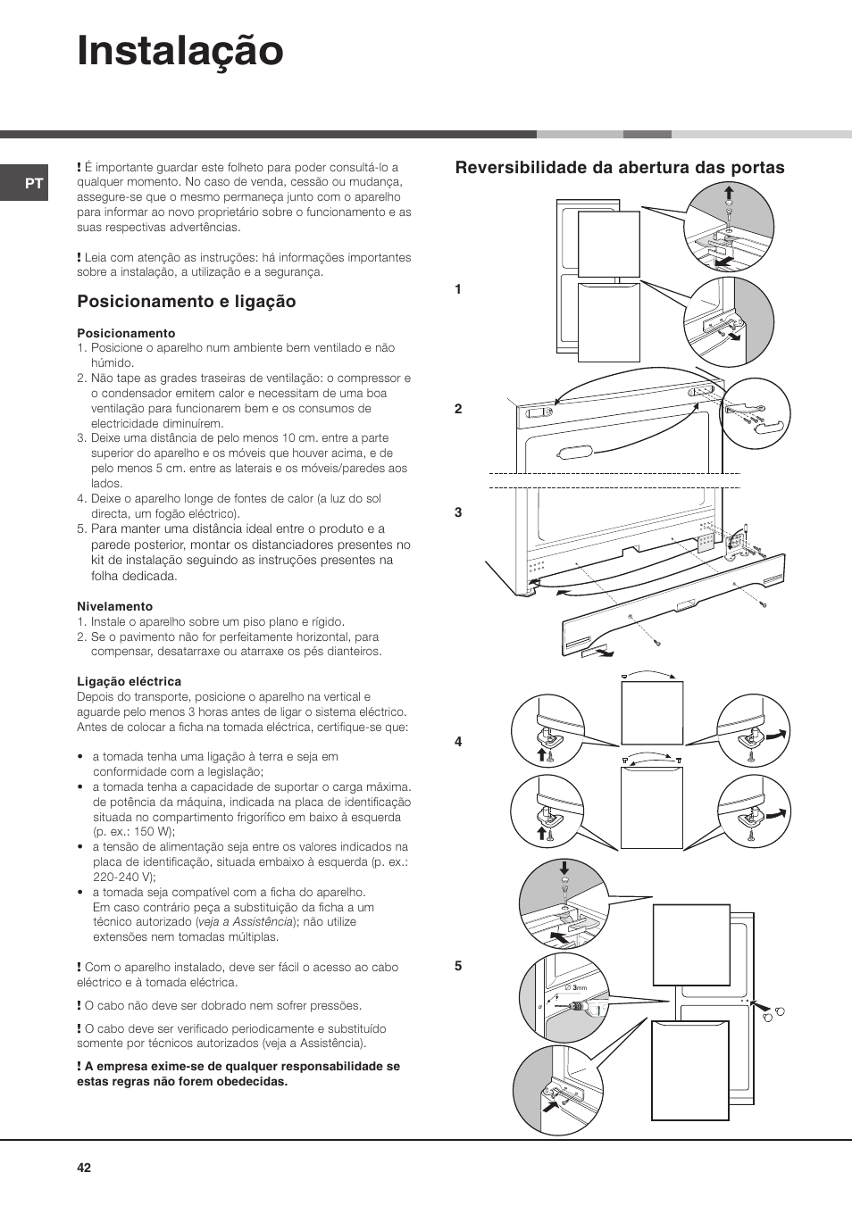 Instalação, Posicionamento e ligação, Reversibilidade da abertura das portas | Ariston MBL 2011 User Manual | Page 42 / 52