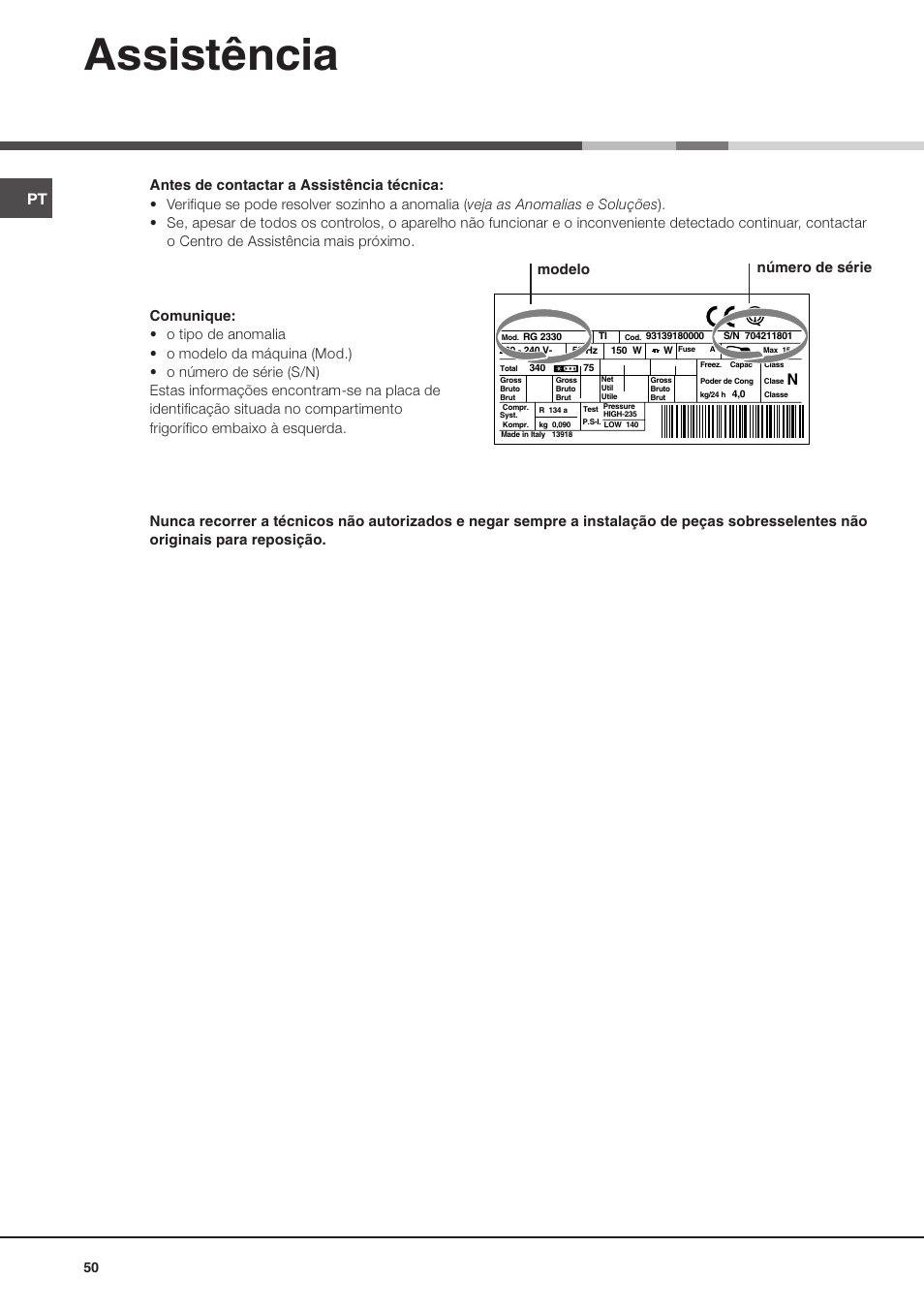 Assistência, Modelo número de série | Ariston MBL 2011 User Manual | Page 50 / 52