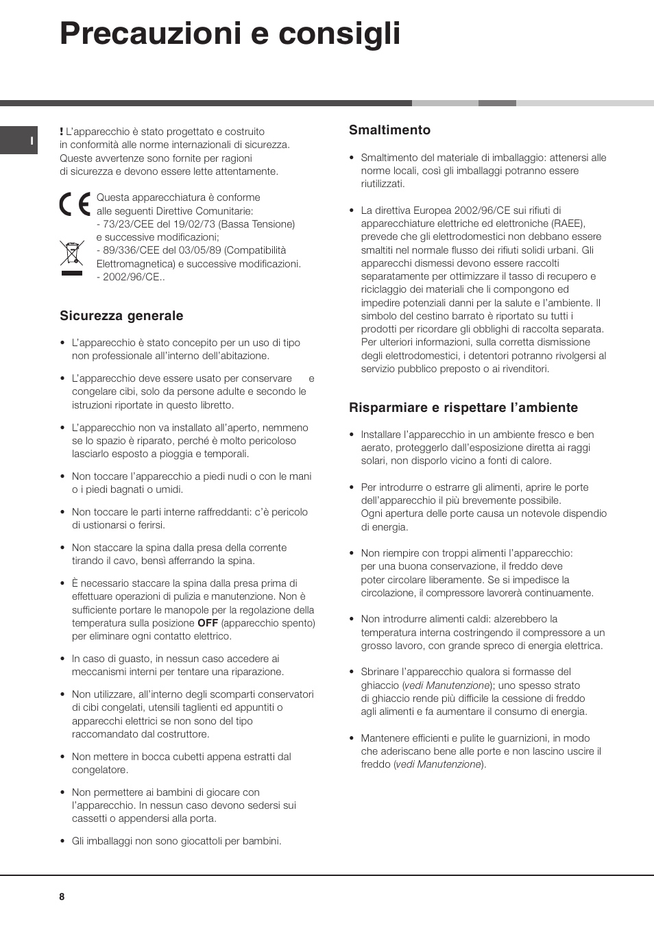 Precauzioni e consigli, Sicurezza generale, Smaltimento | Risparmiare e rispettare lambiente | Ariston MBL 2011 User Manual | Page 8 / 52