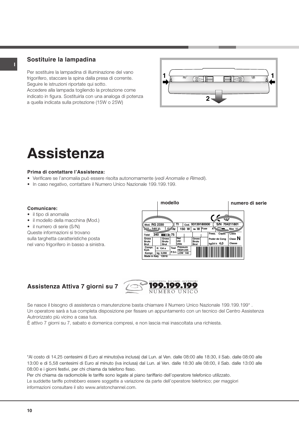 Assistenza, Assistenza attiva 7 giorni su 7, Sostituire la lampadina | Ariston MBT 2022 HA User Manual | Page 10 / 72