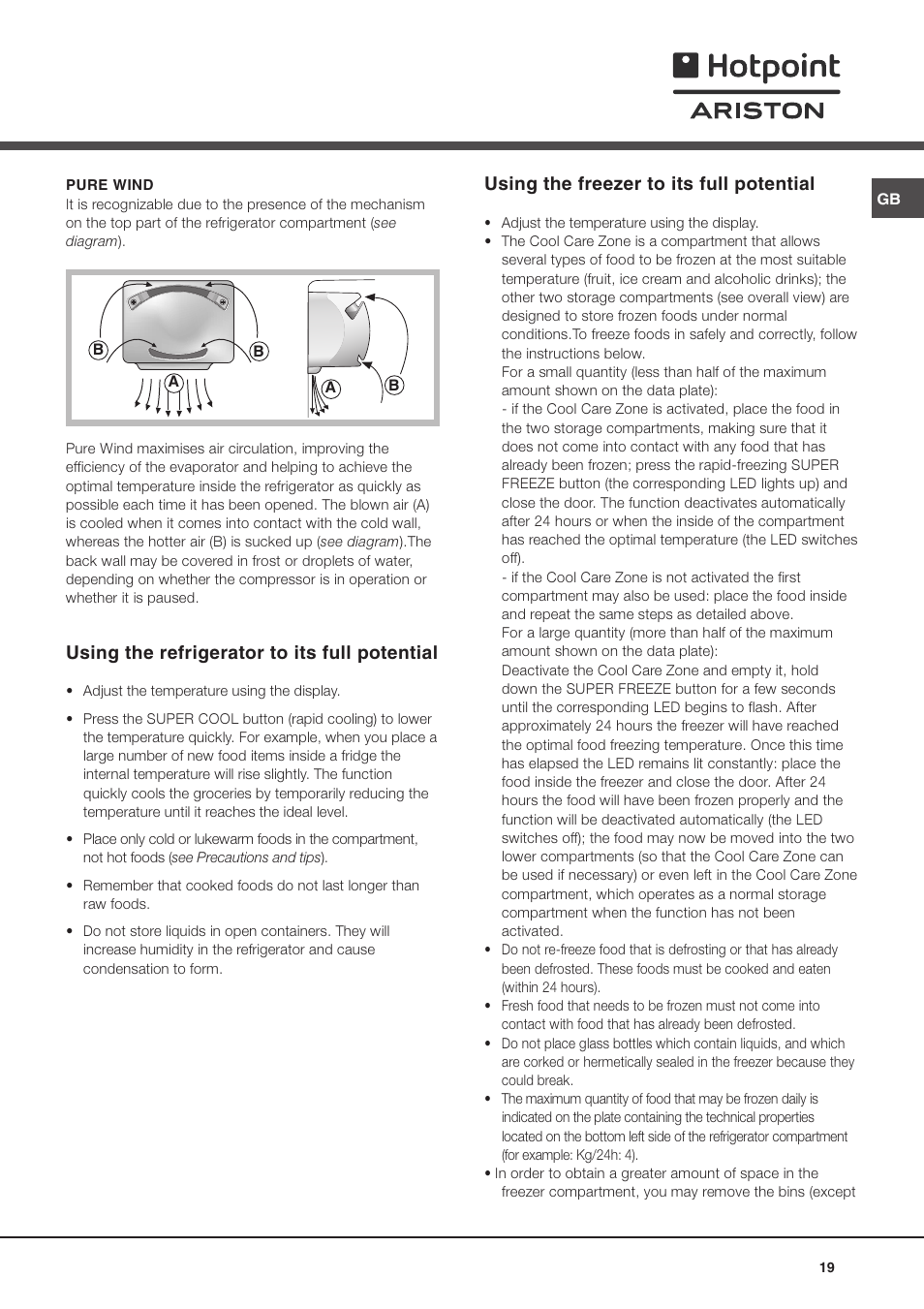 Using the refrigerator to its full potential, Using the freezer to its full potential | Ariston MBT 2022 HA User Manual | Page 19 / 72