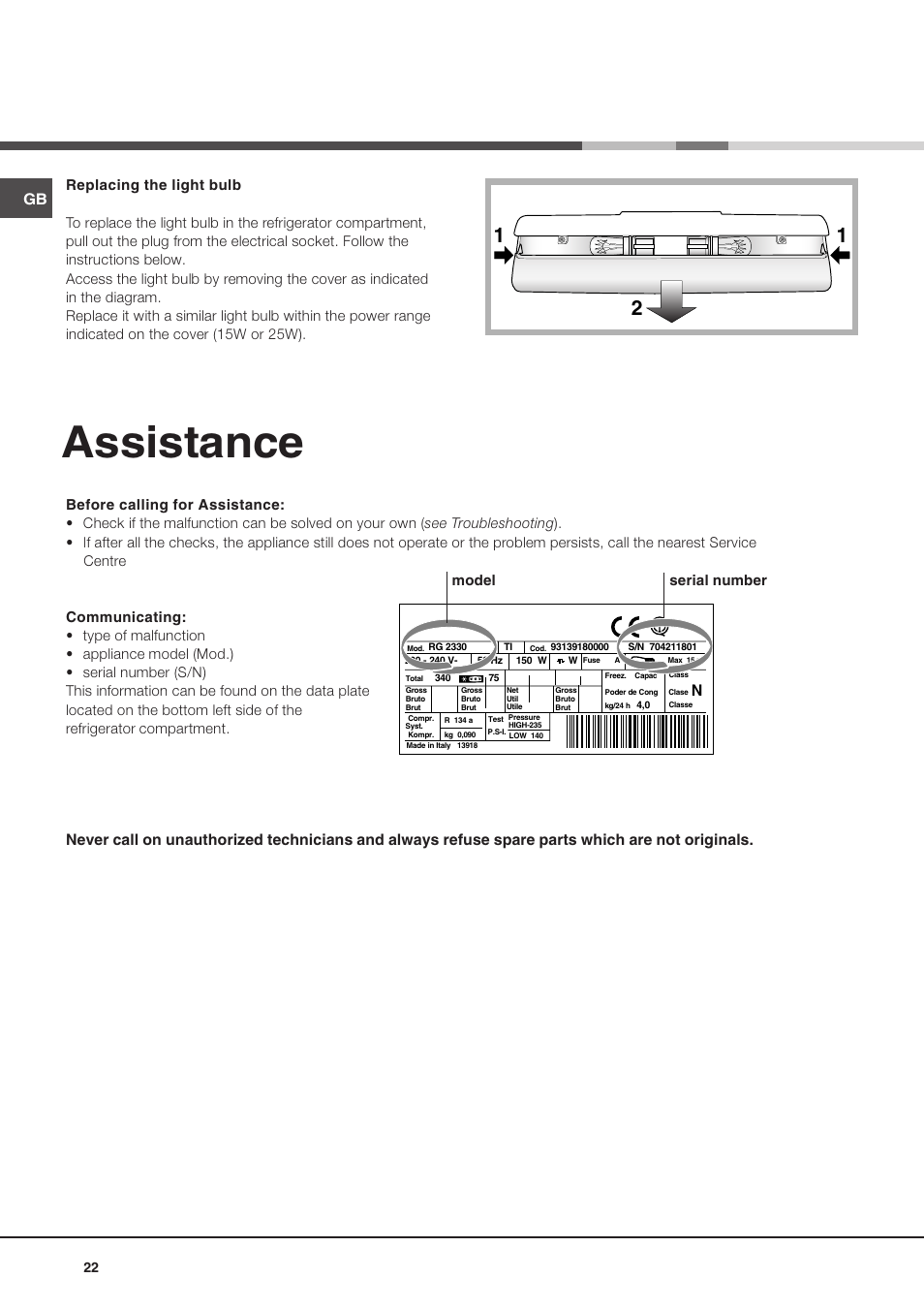 Assistance | Ariston MBT 2022 HA User Manual | Page 22 / 72